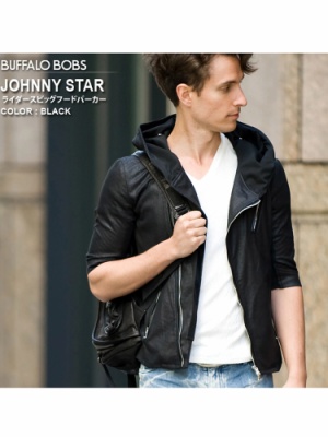 JOHNNY STAR-LEATHER LOOK S/S(ジョニースターレザールック) ライダースビッグフードパーカー