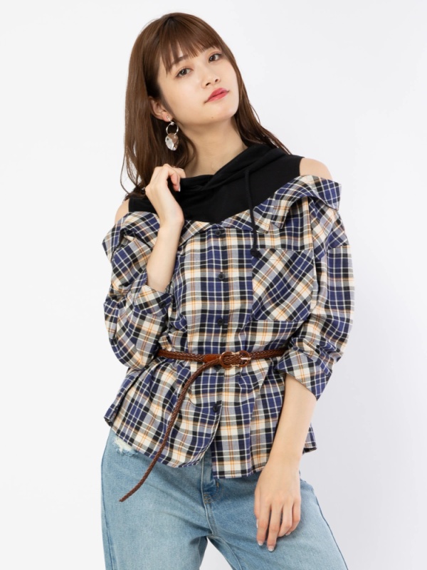 肩あきフードレイヤード七分袖シャツ シャツ ブラウス Cecil