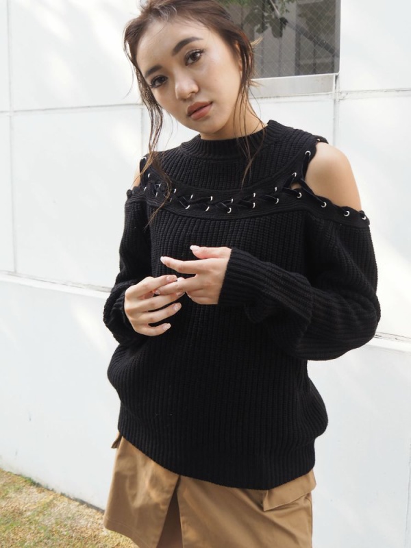 オープンショルダーレースアップニット ニット Evris エヴリス Shibuya109 公式通販